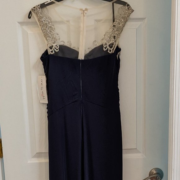 One by Eight |Navy Rhinestone Mesh Ruched Floor Length Gown Sz 4 - Picture 4 of 7